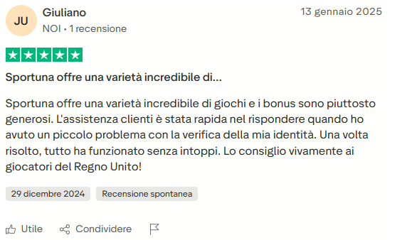 Recensione Trustpilot Sportuna Casino 5